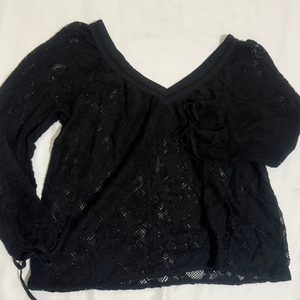 Hinge Black Lace V-Neck Blouse Long Sleeve Tie Cuff Sheer Floral Top Large‎